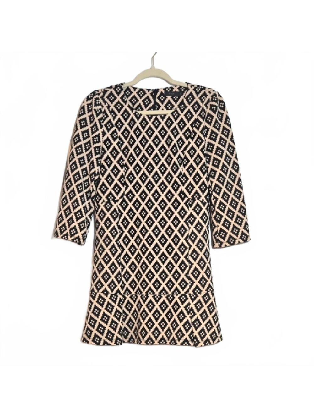 THML Black Cream Geometric Design Fit & Flare Dress 3/4 Sleeve Size Medium